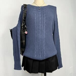 Blue Cable Knit Sweater XL NWT Cotton Ribbed Pullover Preppy Coquette